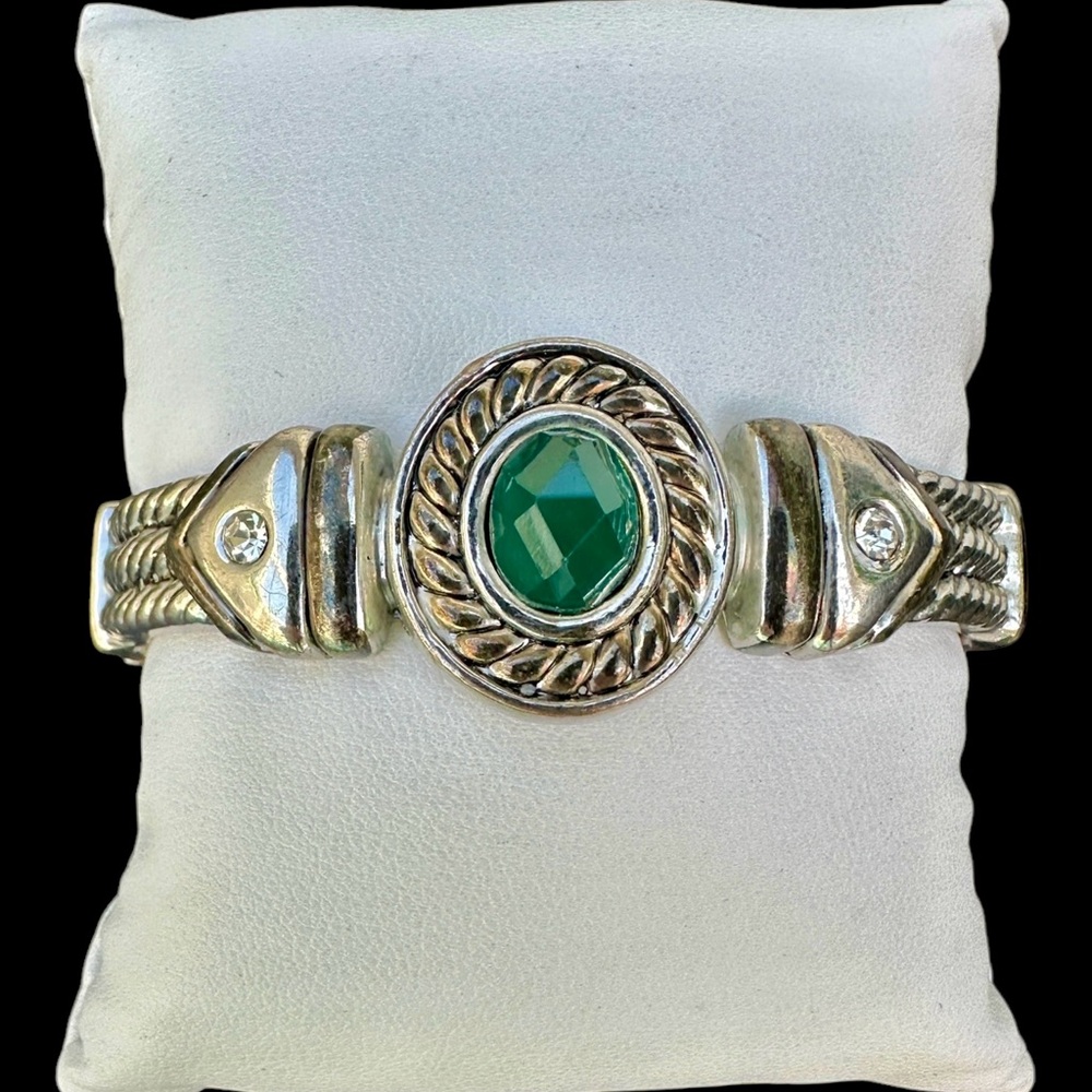 Bangle bracelet Silver Tone Gold Accents Green Glass Stone Hinged 2.5”
